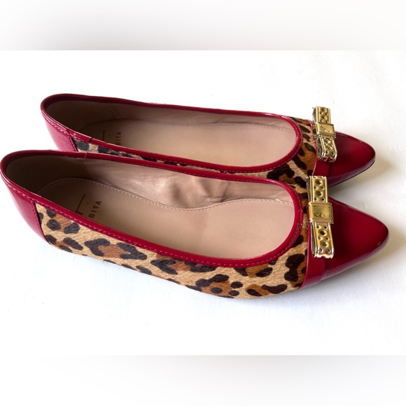 Tabita NEW Leopard Print Pointed Toe Ballet Flats Red Trim Gold Bow NWOT Size 6 - Picture 5 of 9
